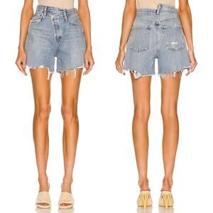 AGOLDE Criss Cross High Rise Denim Shorts Symbol Distressed Light Wash Size 24